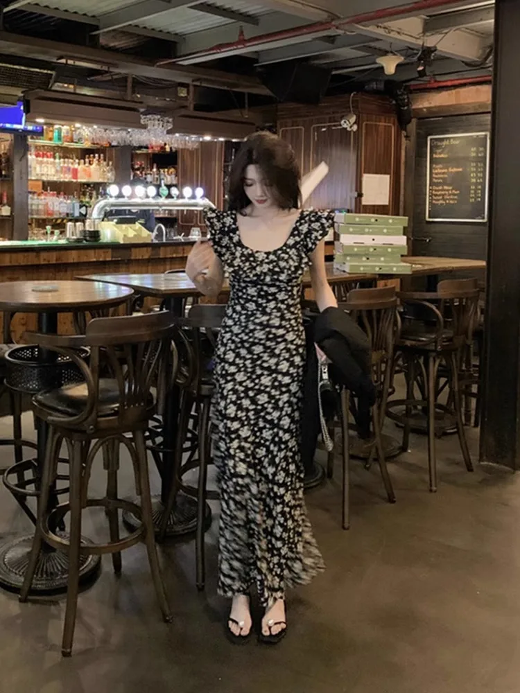 Süße bedruckte Midi-Kleider für Frauen, fliegende Ärmel, japanische Mädchen, niedliches Blumenmuster, Vintage-Rüschen, Strand, Maxi, figurbetontes