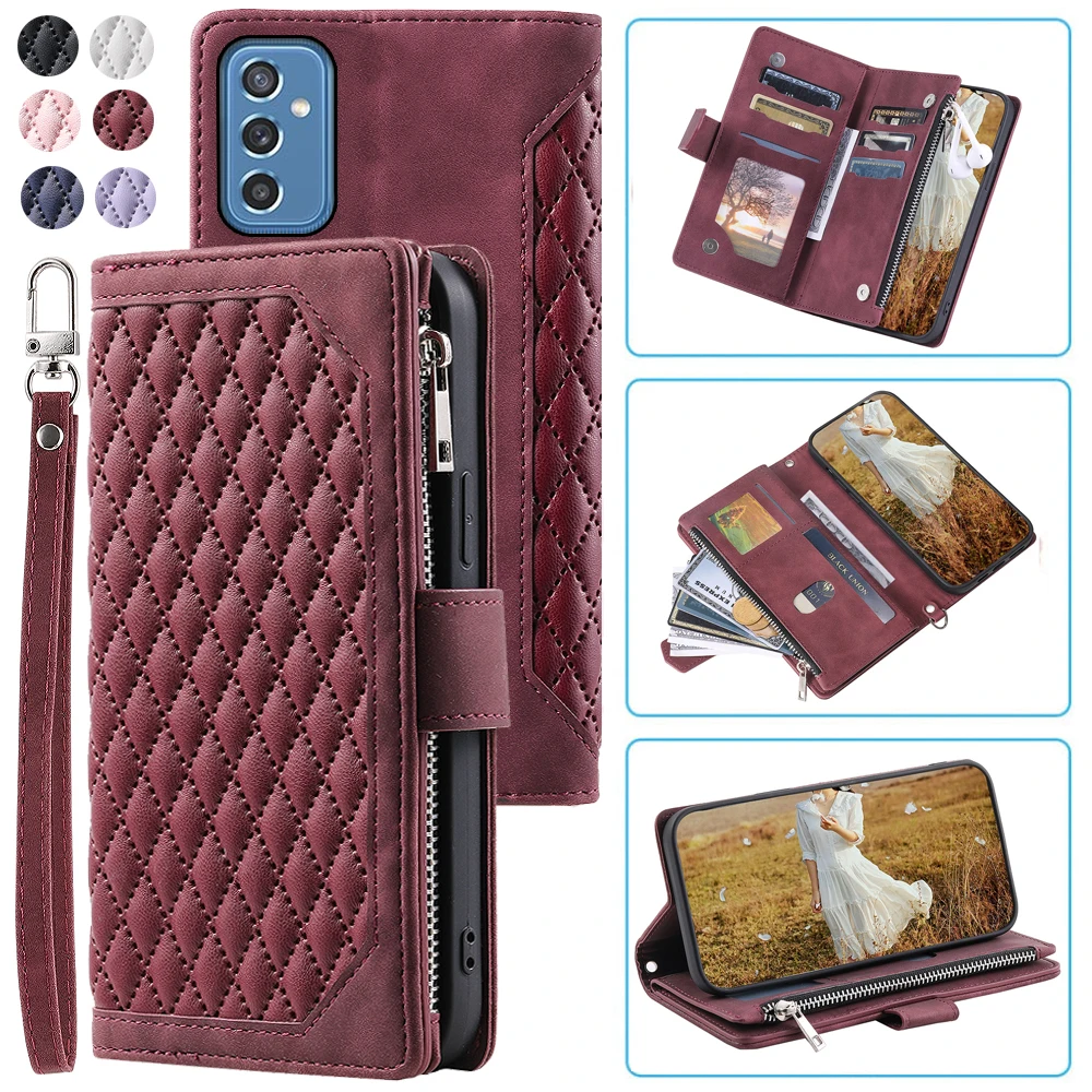 Fashion Zipper Wallet Case For Samsung M52 5G Flip Cover Multi Card Slots Cover Phone Case Card Slot Folio with Wrist Strap