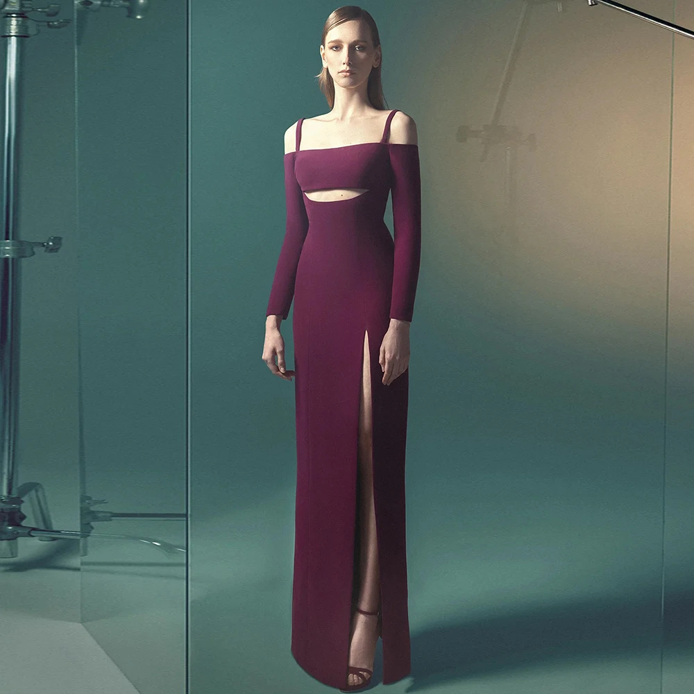 

Elegant Burgundy Off the Shoulder Evening Dress Long Sleeves Square Collar Jersey Side Slit Formal Occasion Gowns Customized