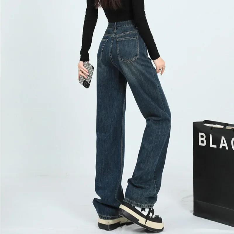 New Jeans Women High Waist Straight Ulzzang Trendy Pocket Washed Denim Full-length Trousers OL Youth Hipster Leisure Streetwear