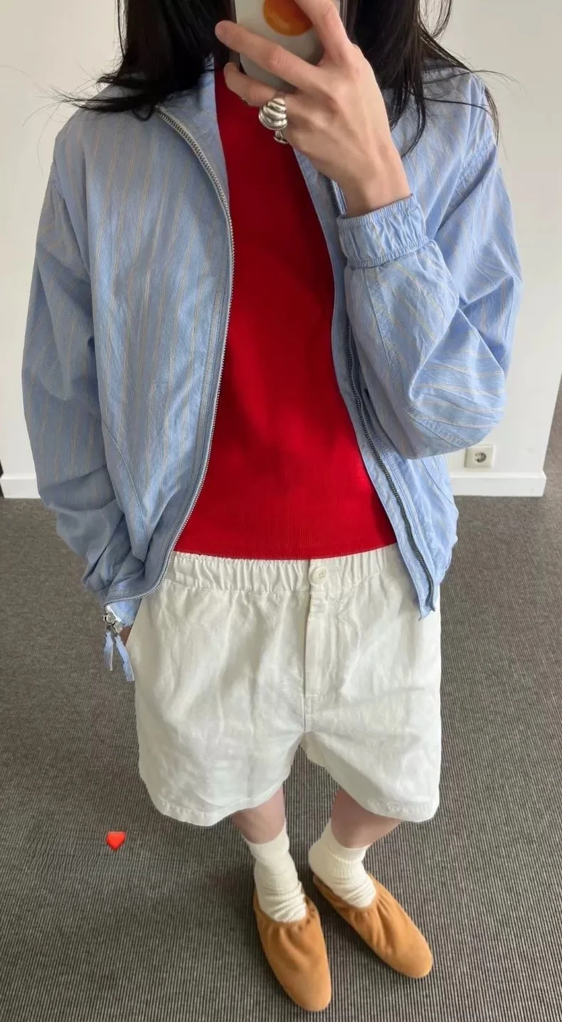 

PREON Women's Casual Loose Fit Long Sve Stand Collar Jaet Autumn Commute Sle Cotton Zipper Striped ort Coat