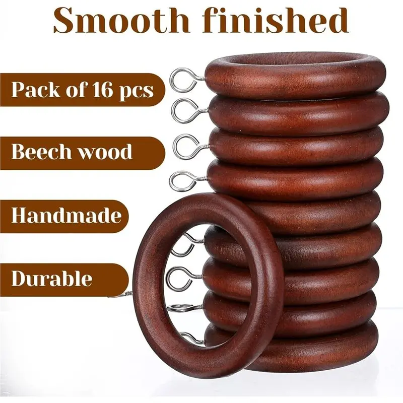NEW HOT In Stock-Wooden Curtain Rings(16-Pack), 2.76-Inch Outer, 1.7-Inch Inner Diameter With Drapery Clips For 1 To 1.5 Inch Cu