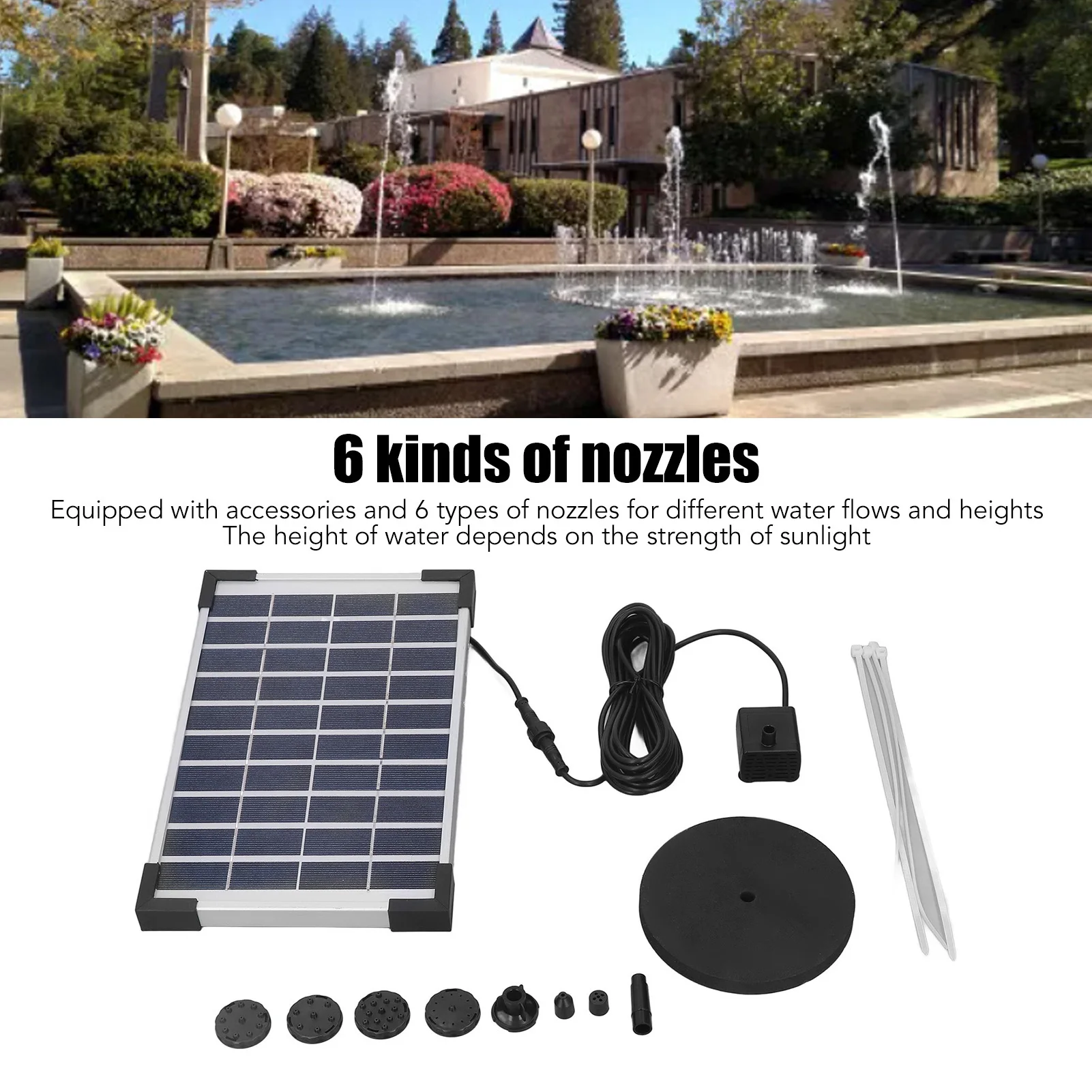 Zestaw solarny do pompy wodnej 5W, wysokość 75cm, podnoszenie 180cm, wydajna solarna pompa fontannowa z 6 dyszami do ogrodu zewnętrznego, DC 10V