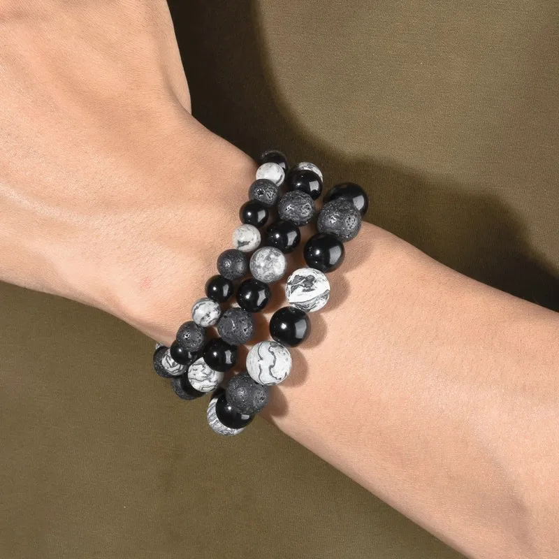 Men's Handmade Volcanic Stone Map Stone Beaded Bracelet Agate Obsidian Woven Fashion Jewelry Gift for Men
