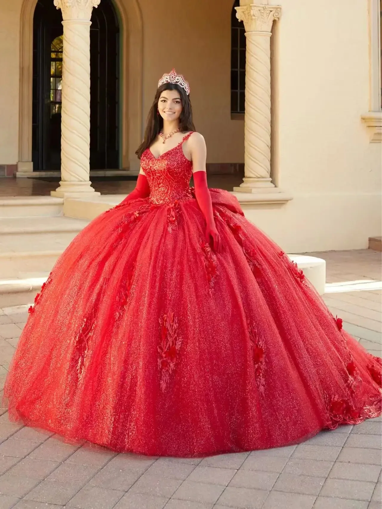 Customzied 2026 Passion Red Wedding dress for Bride Ribbon Highlights 3D Decal V-neck Bow Wedding Dresses for Woman