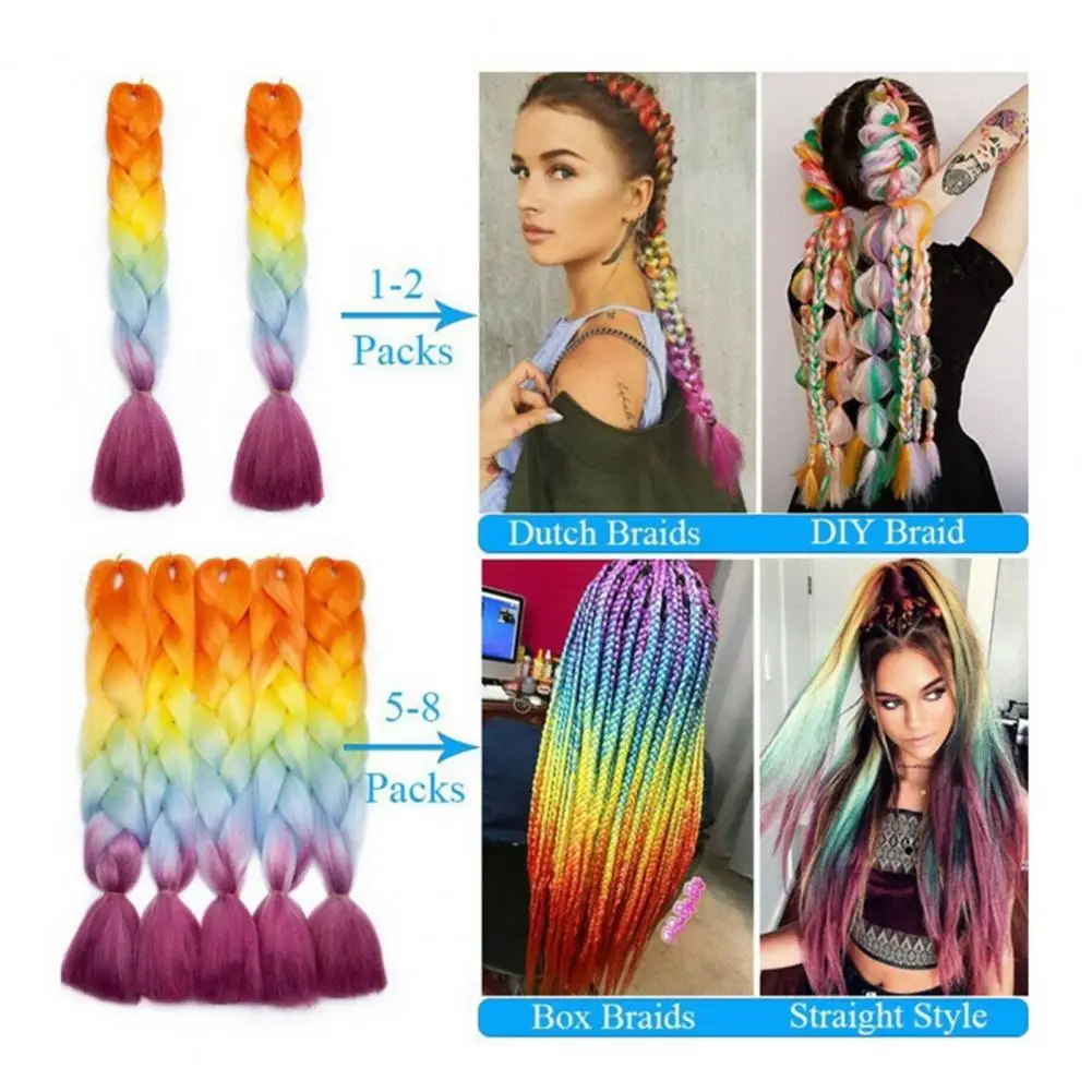 Peruca sintética de cabelo gradiente colorido para mulheres, peruca pigtail natural, fibra de alta temperatura, estilo hip hop, extensões de cabelo, 60cm