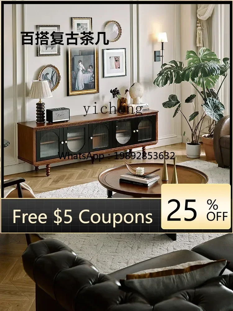 ZZ  Retro Solid Wood round Coffee Table Living Room Home Tea Table Multifunctional Tea Table