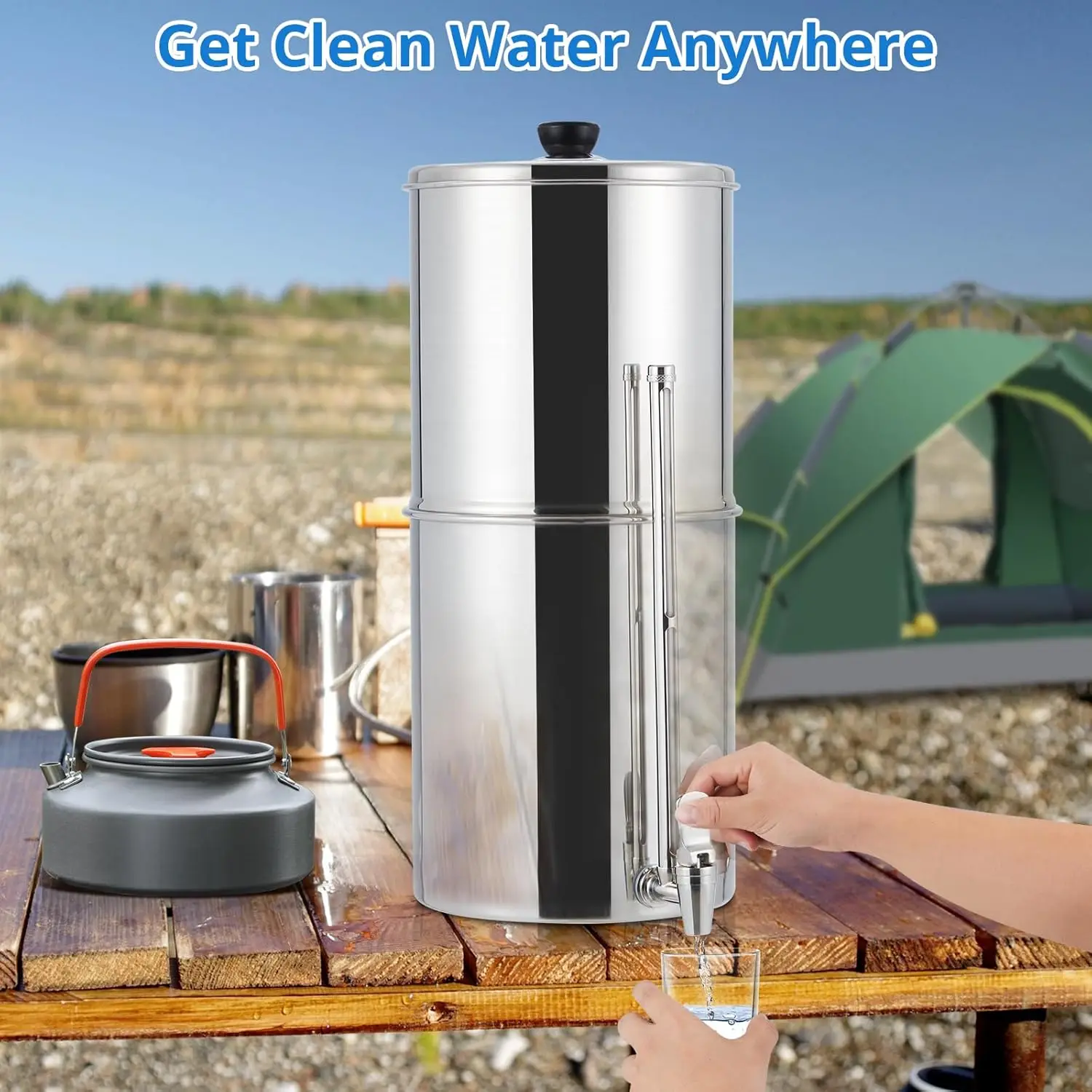 2.25G Camping Gravity-fed Water Filter System With 2 Black Carbon Filters, Stand and Metal Water Level Spigot, Upgraded System