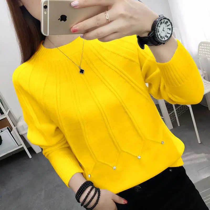 Sweater Pullover wanita leher bulat, Atasan katun sol manik-manik 2023 rajut Pullover leher bulat musim gugur/musim dingin