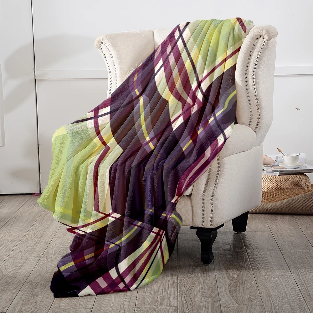 Purple Green Diagonal Plaid Flannel Fleece Throw Blanket for Couch Sofa Lightweight Cozy Plush Blanket for Travel Office Nap