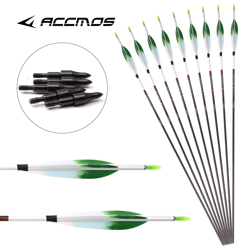 ID 6.2mm 6/12개입 양궁용 순수 카본 화살 스파인 200 250 300 400 500 600 700 800 샤프트 스티커 포함 5인치 그라데이션 깃털