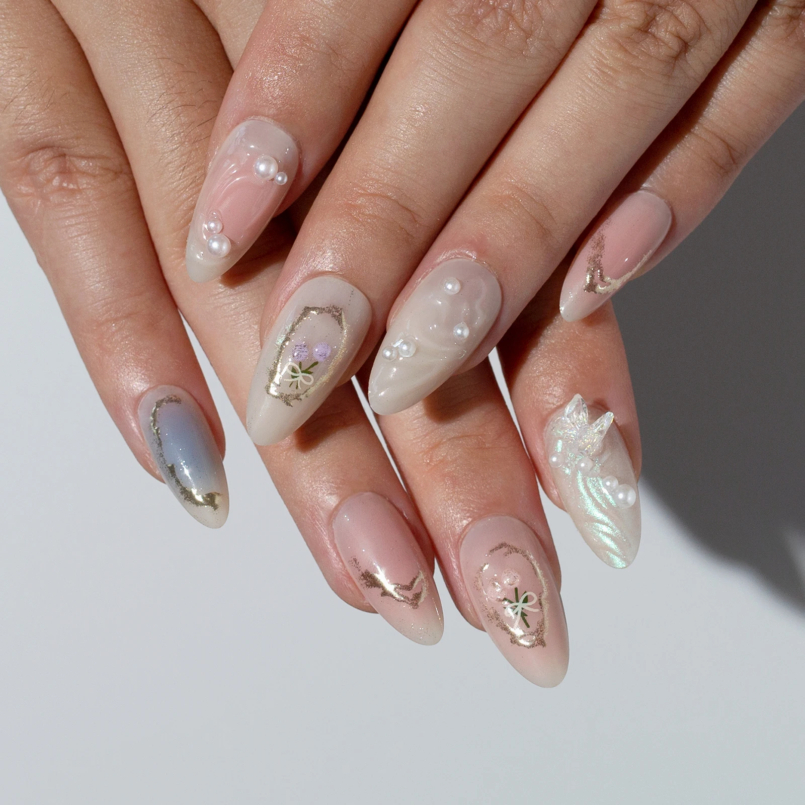 

24pcs 3D Sweet Flower Press on Nails Summer Almond False Nails Gradient Pink Green Stick on Nails Aurora Butterfly Pearl Nail