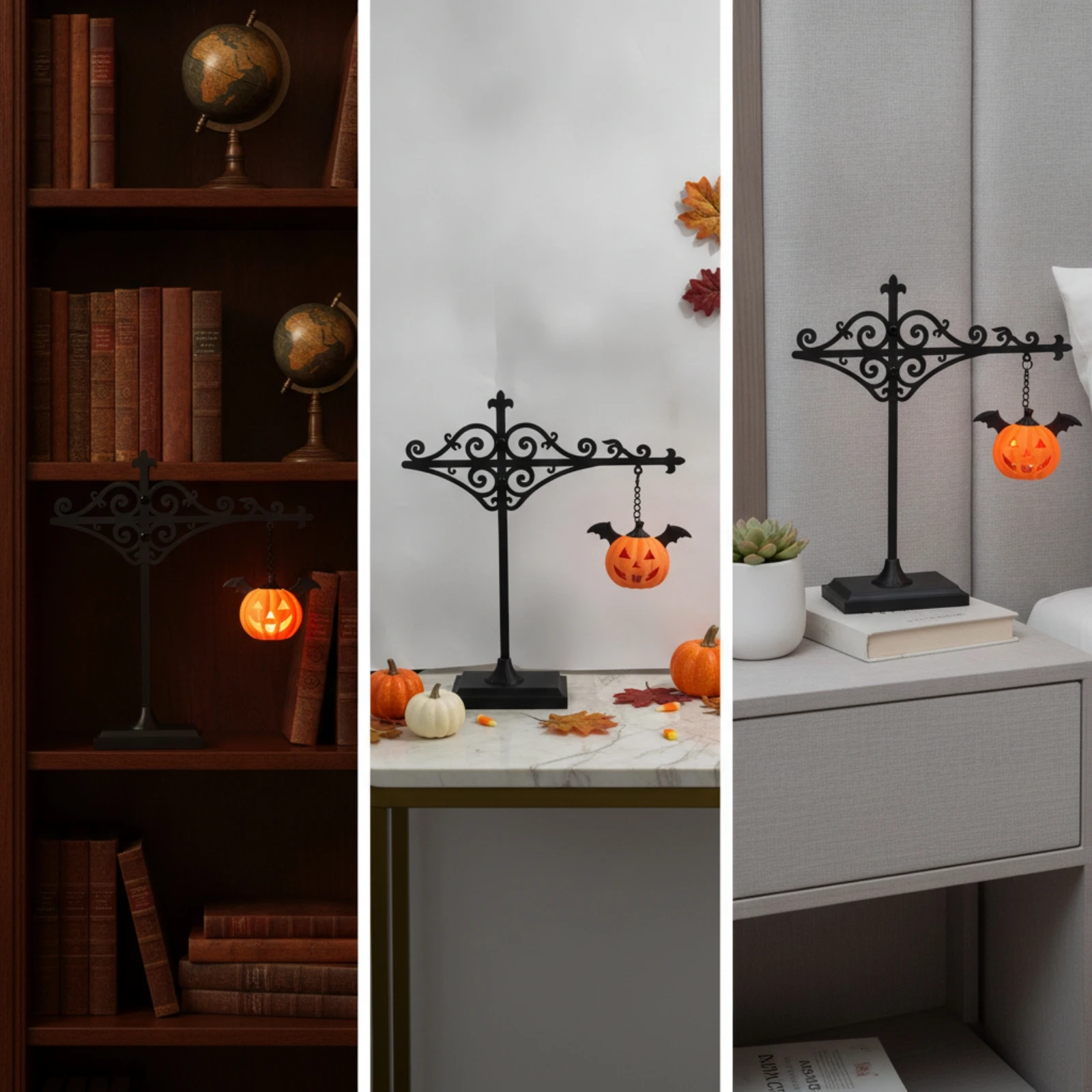 Lantern with Pumpkin Ornament Decorative Craft Lantern Light Decor Black Metal Festive for Bookshelf, Reading Corner