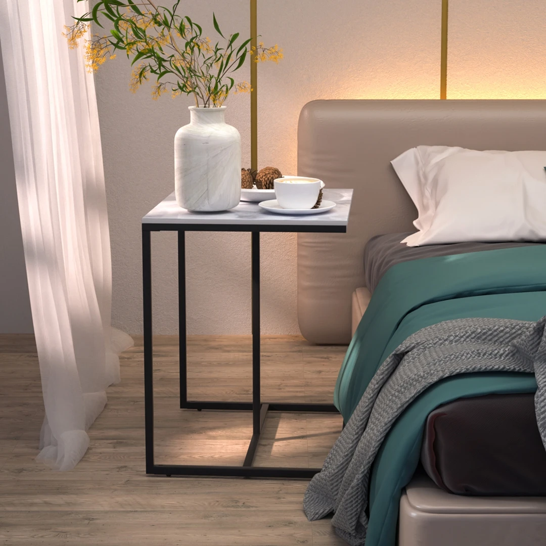 

C Shape Couch End Table Sintered Stone Tabletop Metal Frame Modern Living Room Bedroom Side Table Small Space Furniture