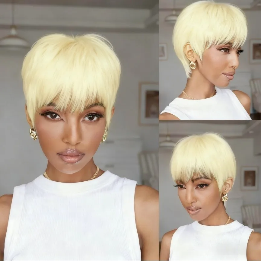 

613 цветов, парик пикси, светлый цвет, машина для женщин, парик для повседневного использования, парик с стрижкой пикси, короткий прямой парик из человеческих волос