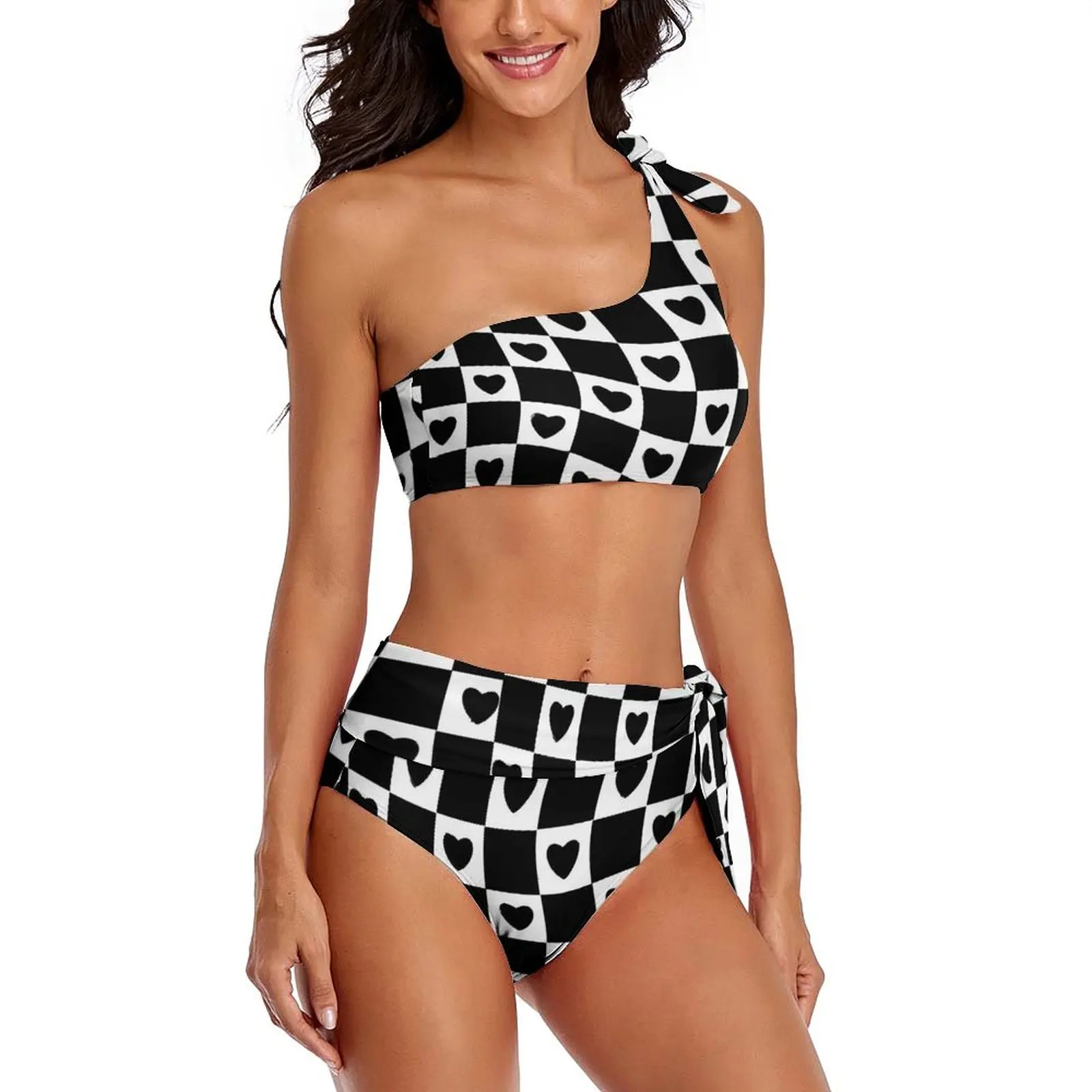 Hearts Check Print Bikini Set Schwarz-Weiß Bikini Badeanzug sexy One Shoulder Fantasy Bade bekleidung Surf 2 Stück feminine Bikinis