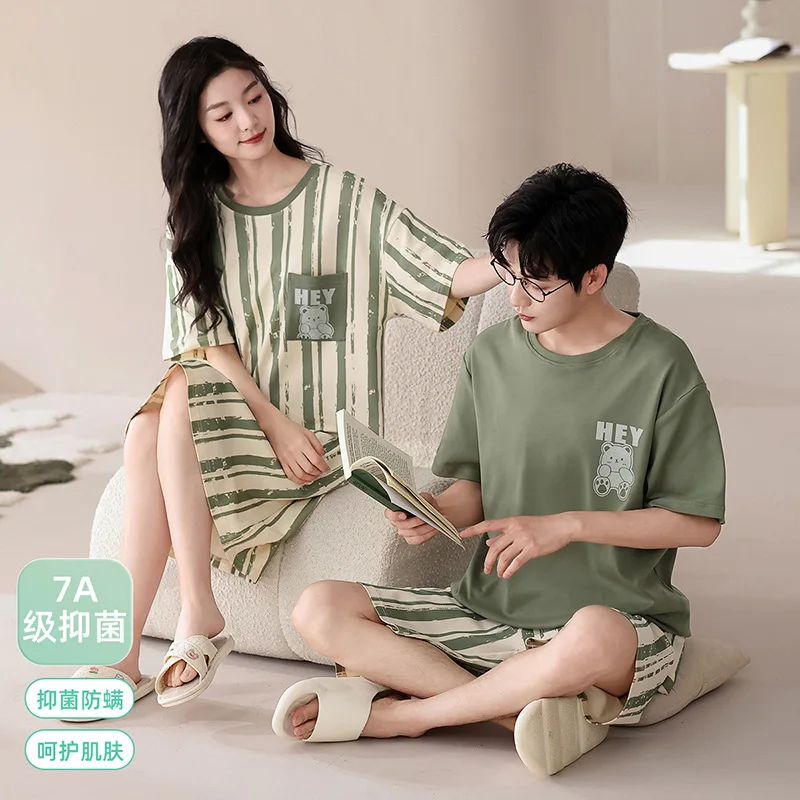 Cartoon Cute Summer 100% Cotton Pajamas for Couples Women and Men Matching Sleepwear Short Sleeves Sleeping Top Shorts Pijamas