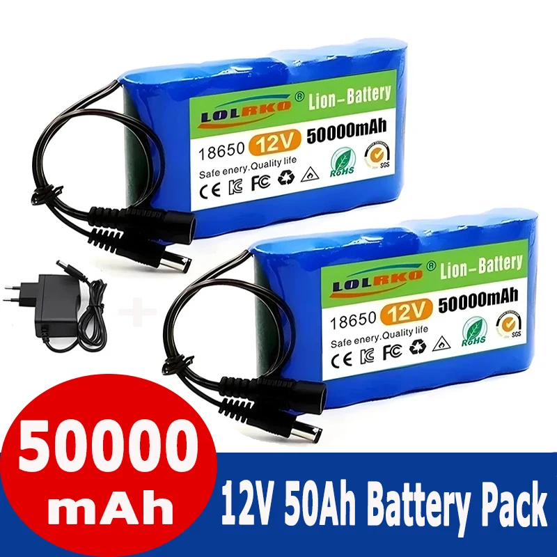 18650 Rechargeable Battery 12V 50000mah Lithium Battery Pack Capacity DC 12.6V 31Ah CCTV Cam Monitor with Charger