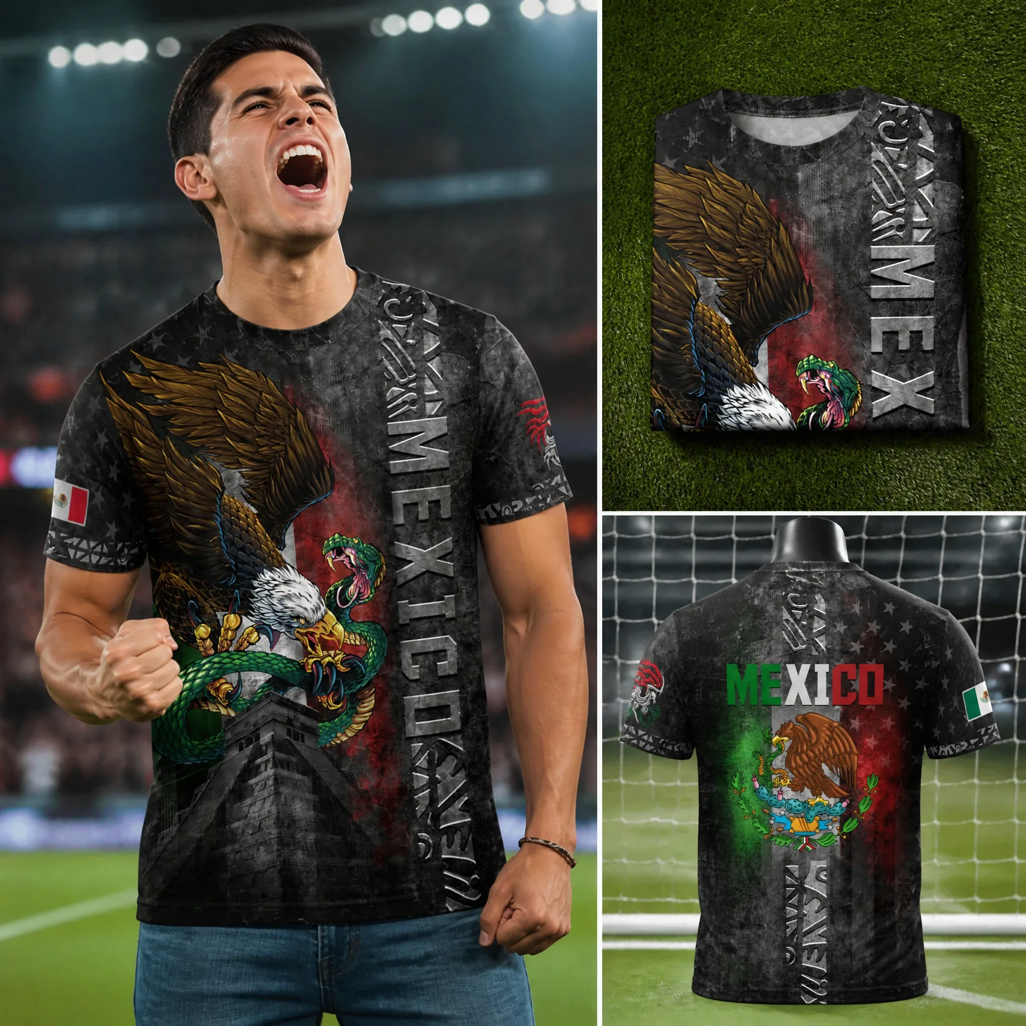 Mens Round Neck T Shirt Mexico Eagle Snake Pyramid Graphic Short Sleeve Casual Top with Dark Texture Sport Fan Style for Men New