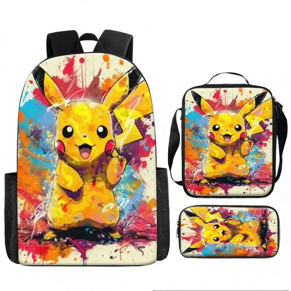 Kids Bag,Pokémon,Pikachu 3pcs Backpack Set Color Splash 3D Print Breathable Lunch Box Pencil Case Set for Boys Girls Kids Gif
