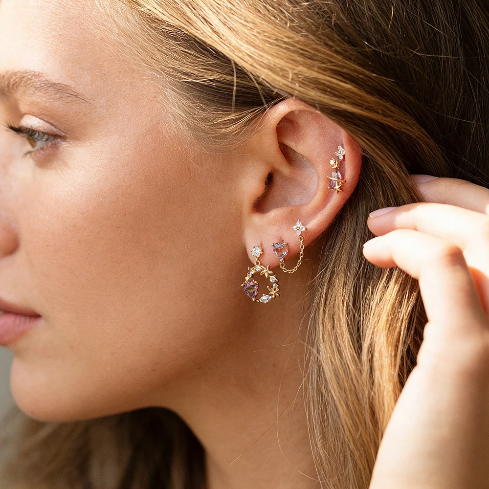 

Pink CZ Heart Earrings Set Gold Plated Stackable Cartilage Piercing Stud Dangle Drop Earrings for Women Jewelry Gift
