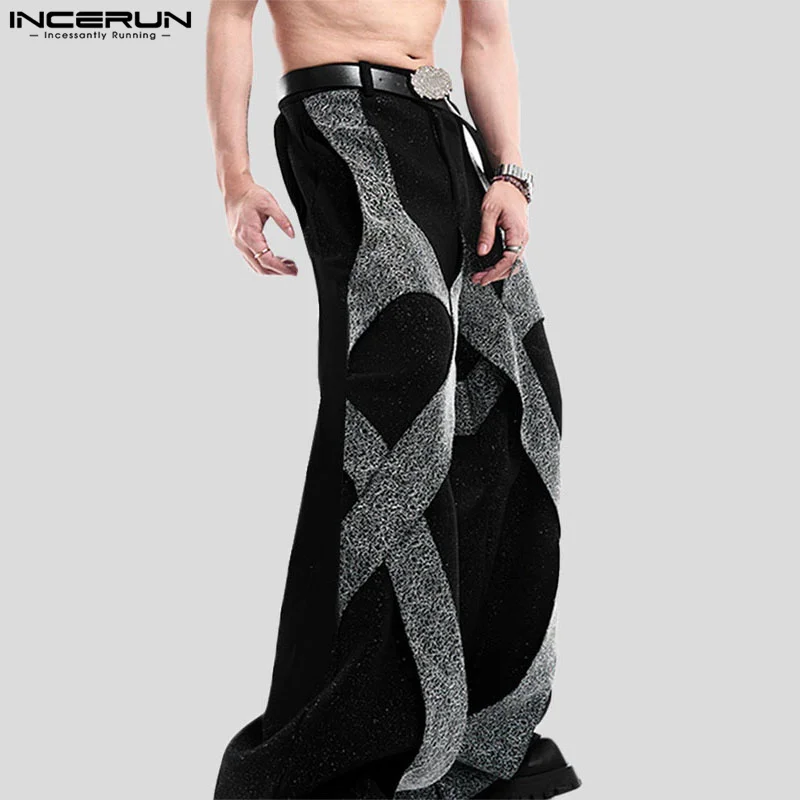 INCERUN 2025 Korean Style Trousers Fashion Men's Sparkling Fabric Splicing Deconstruction Pant Casual Streetwear Pantalons S-5XL