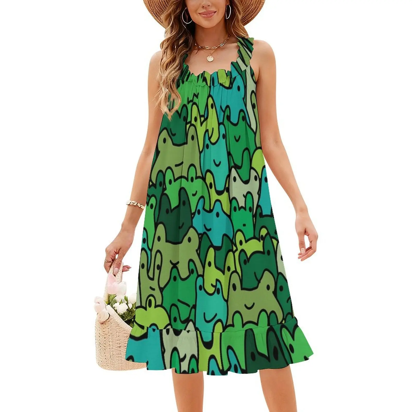 نمط الضفدع في فستان حفلات نسائي متدرج أخضر لطيف ملابس الشارع الشهير ملابس نادي مطبوعة عصرية للنساء نمط الضفدع Froggie #4