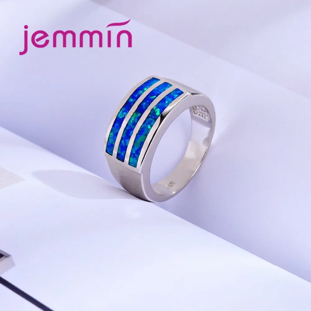 New Arrival Three Bars of Blue Opal Crystal 925 Sterling Silver Ring Rectangle Design Women Wide Band Bijoux