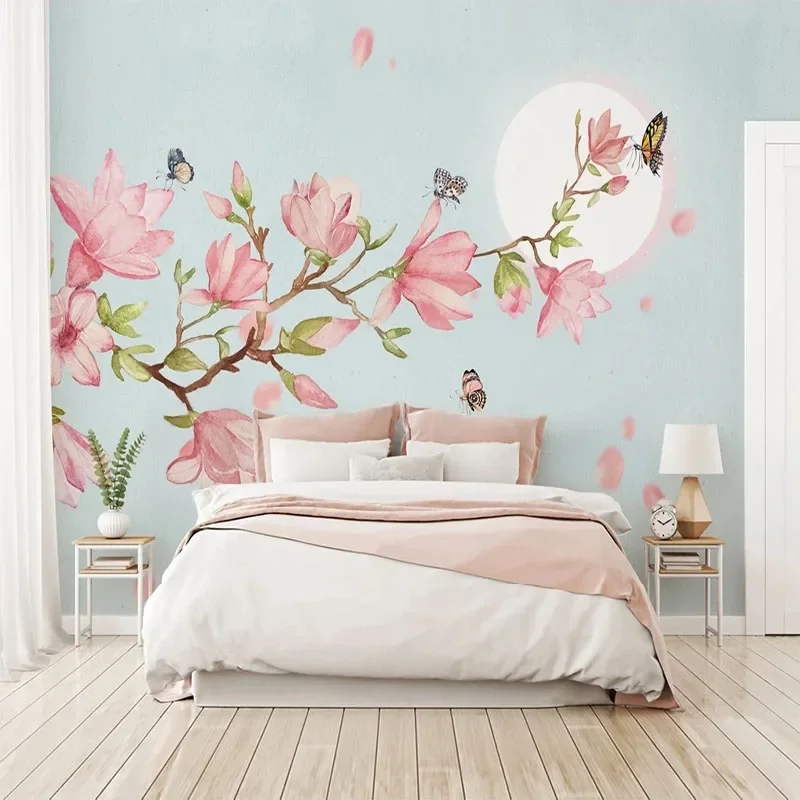 

Custom 3D Modern Pink Hand Painted Magnolia Flower Butterfly Love TV Background Wall Wallpaper Papel De Parede Tapety Fresco