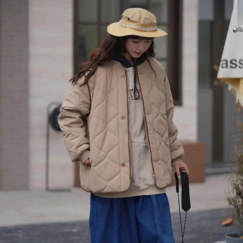 Retro-Damen-Baumwollkleidung mit Rautenmuster, modische leichte Winter-Baumwolljacke, lässiges Netz, Infrarot-Abdeckung