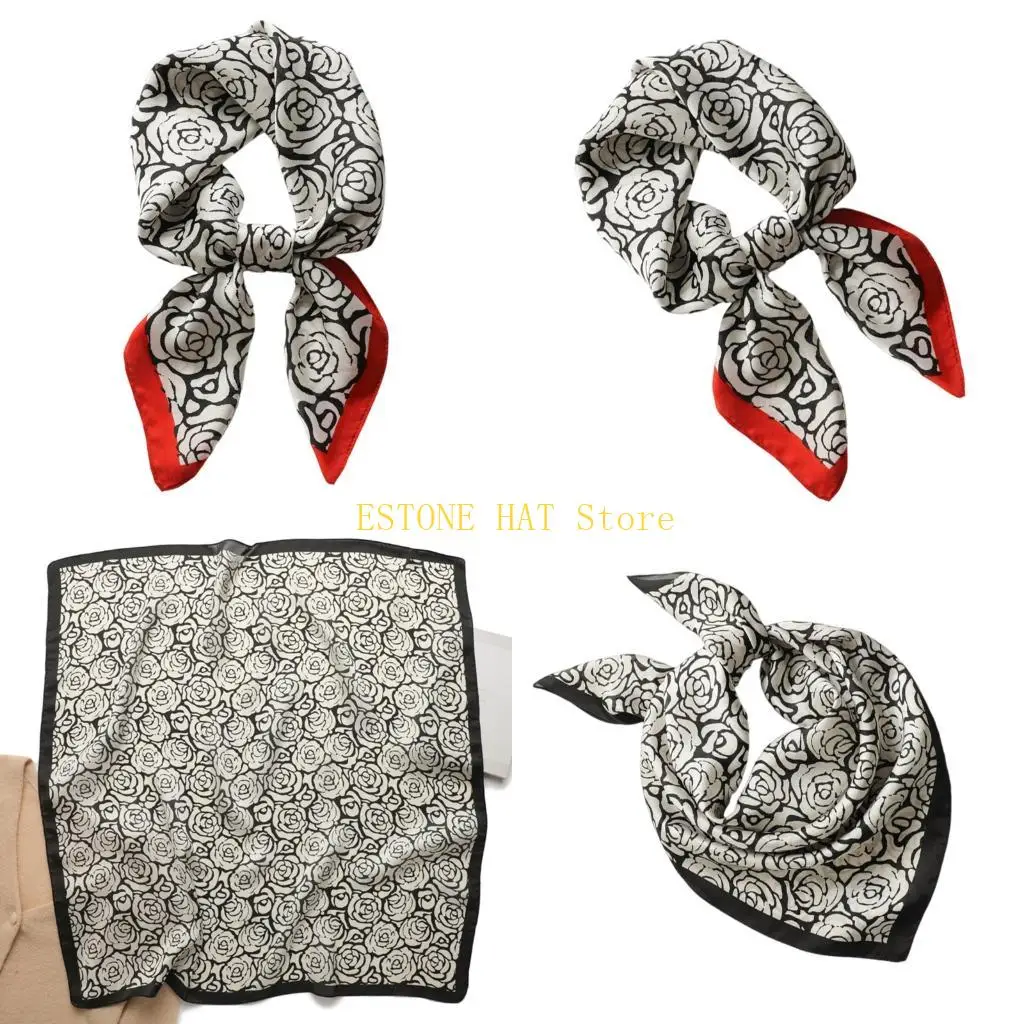 

49MF French Silk Scarf with Camellia Flower Print Multiuse Neck Wrap for Office Lady