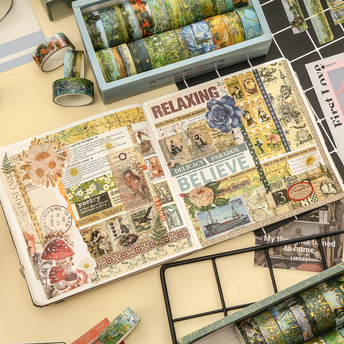 20 لفة/صندوق مع موضوعات الرسم الزيتي شريط اشي، أنماط المناظر الطبيعية الميدانية المختلفة، مواد تزيين سجل القصاصات بنفسك