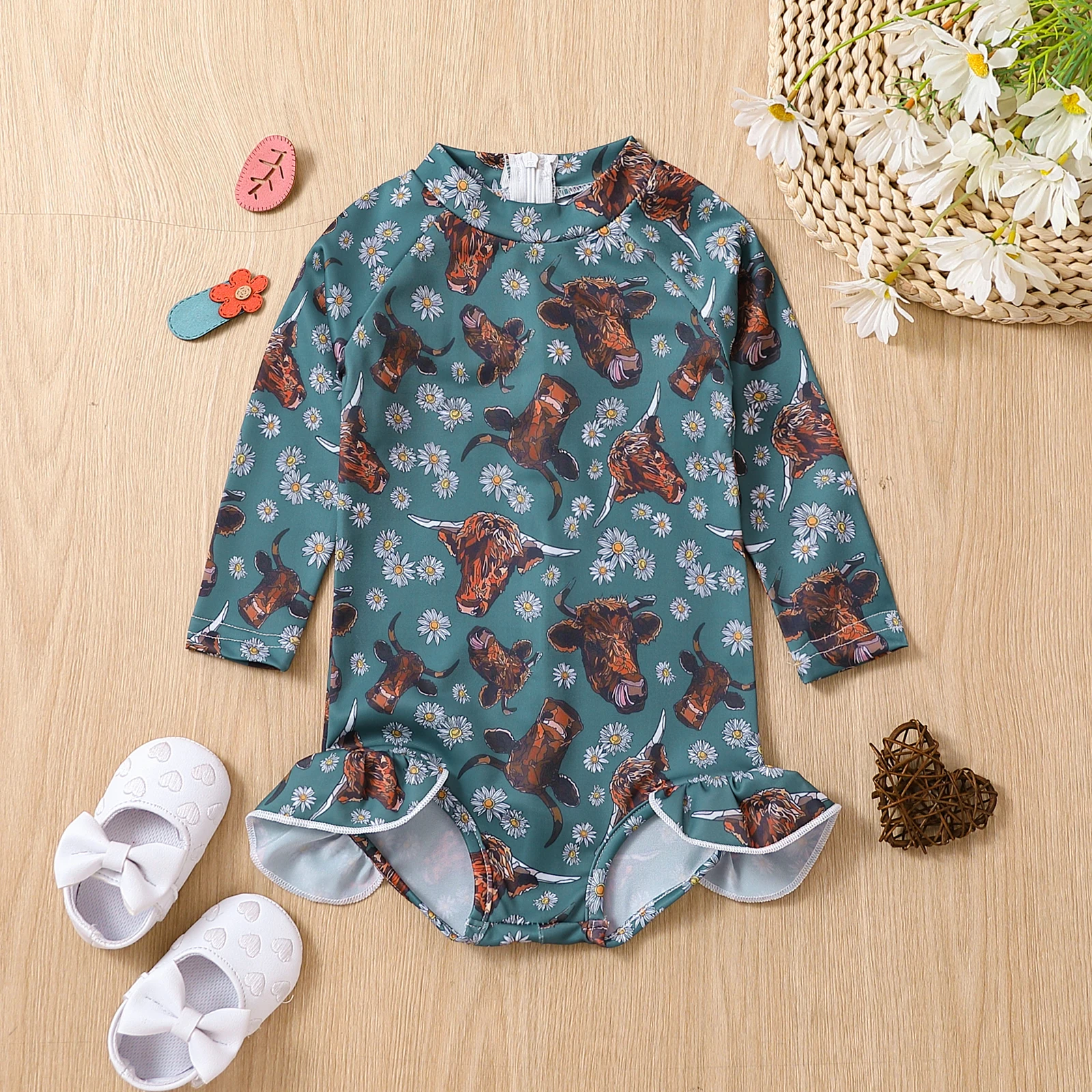 Baby Girl's Long Sleeve Zipper Romper Triangle Swimsuit with Cow Print Design Infant Swimming Suit