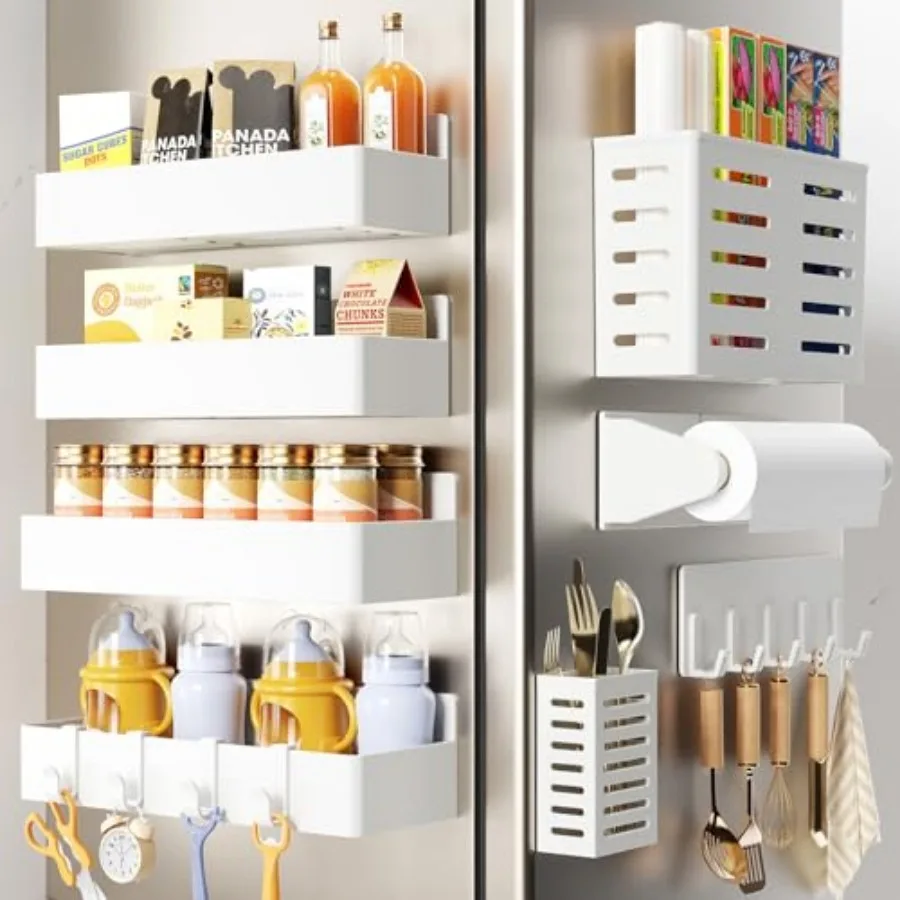 

Magnetic Spice Rack for Refrigerator, Magnetic Shelf, Fridge Magnet Organizer with Paper Towel Holder, Utensils Racks, Hook Rac