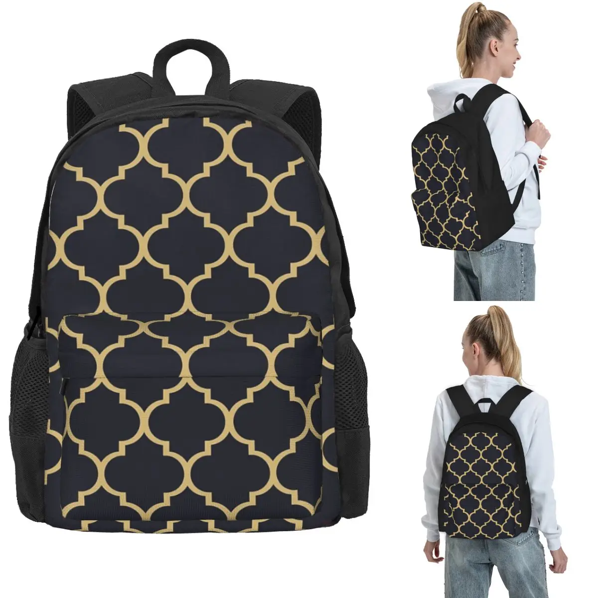 Midnight Blue And Gold Moroccan Trellis Pattern Backpack Hot Sale Daypack Large Capacity Children BookBag Shoulder Bags for Men