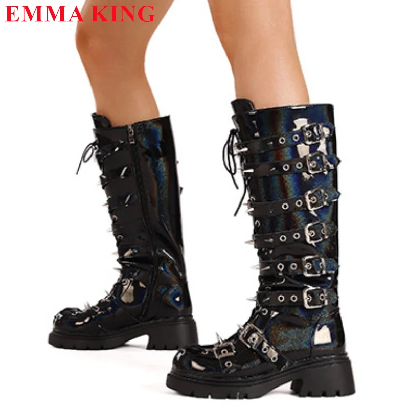 

New Punk Rivet Buckle Strap Knee High Boots Women Fashion Thick Sole Knight Boots Female Round Toe Chunky Motorcycle Boots 2024