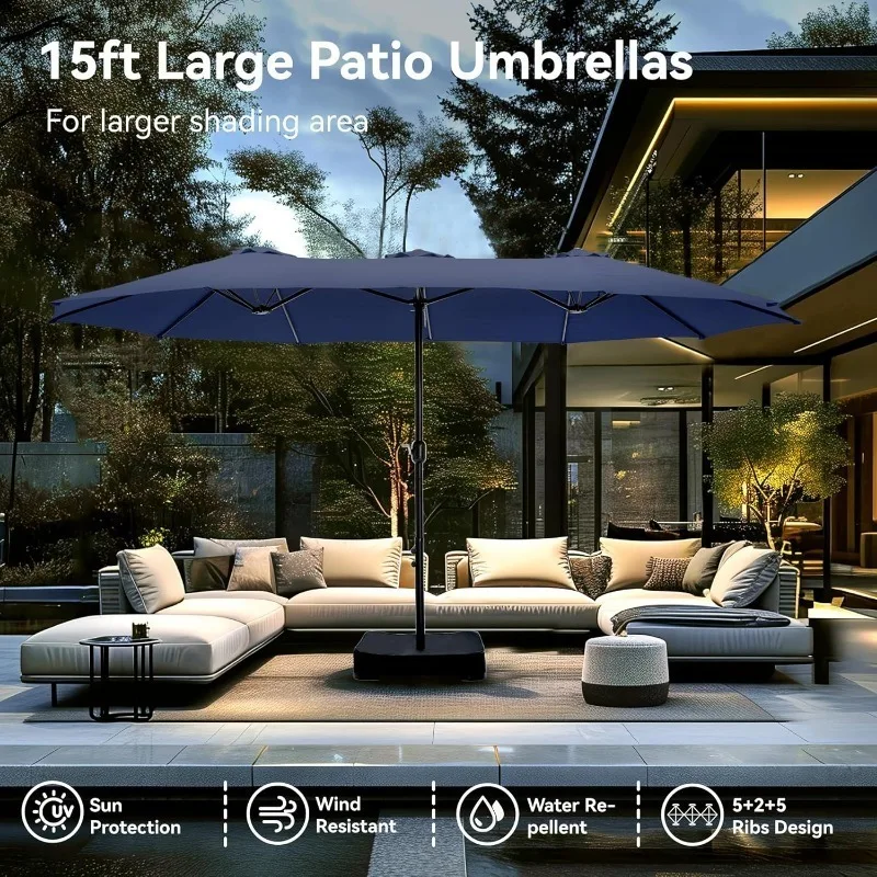 15ft Large Patio Umbrellas with Base Included, Outdoor Double-Sided Rectangle Market Umbrella with Crank Handle