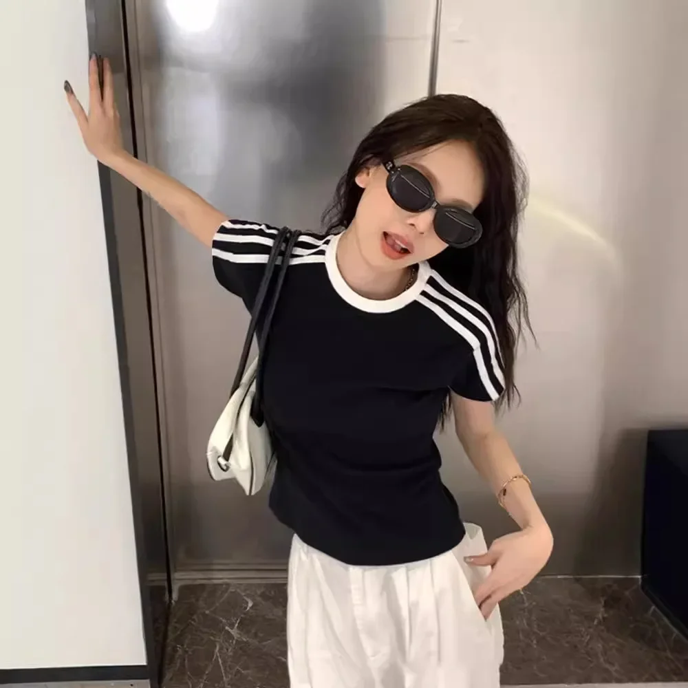 2024 New Trendy Korean Style Women's Pure Cotton T-Shirt Short Sleeves Color Blocking Round Neck Solid Top Summer Essential