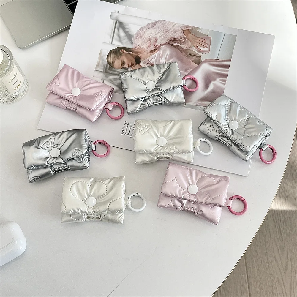 Korean Ins Cloud Puffer AirPods Case, Bowknot Quilted Mini Earphone Storage Pouch with Keyring, for AirPods 1/2/3/4, Pro/Pro2