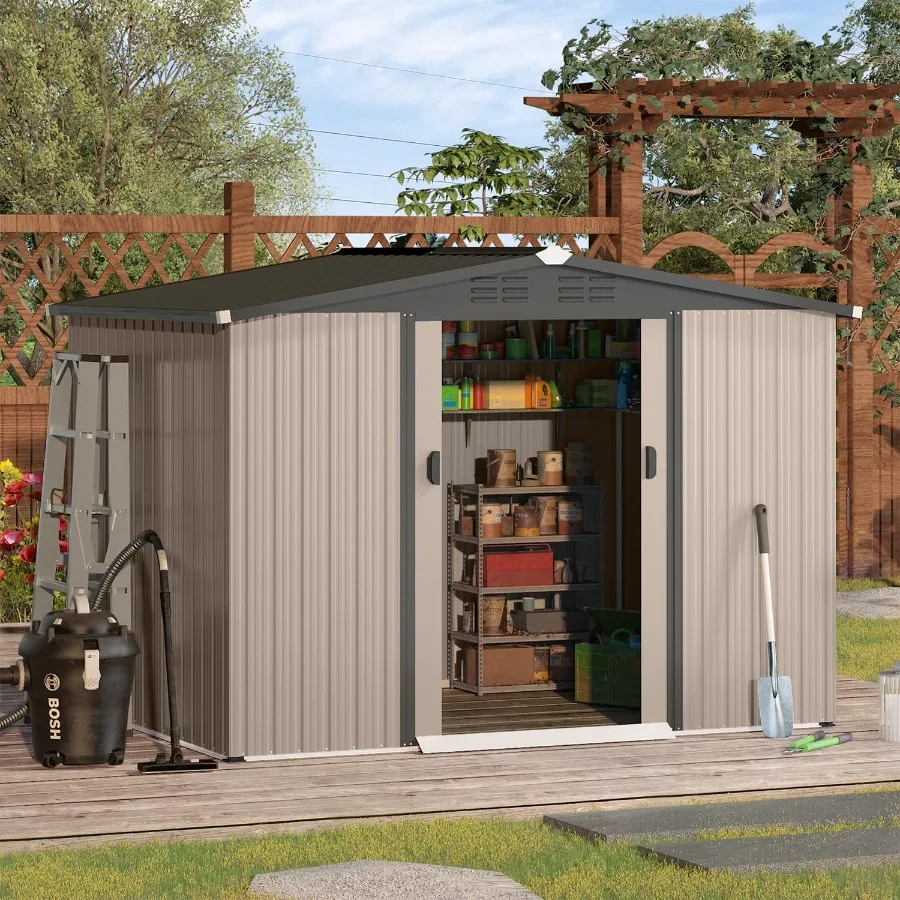 Outdoor Storage Shed For Garden Tools, Galvanized Steel, Gray, Sloped Roof And Lockable Double Sliding Doors