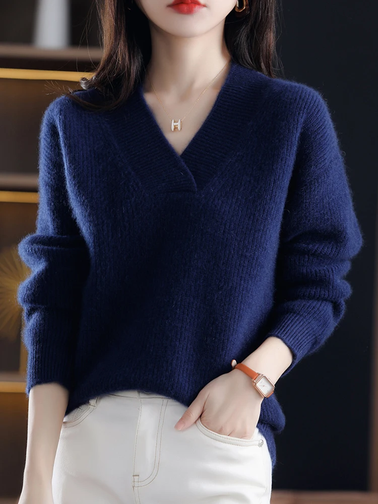 Women\'s Solid Loose Knit Sweater Base V-neck Pullover Autumn Winter Jumpers Knitwear Soft Warm Chic Femme Sweater Casual Tops