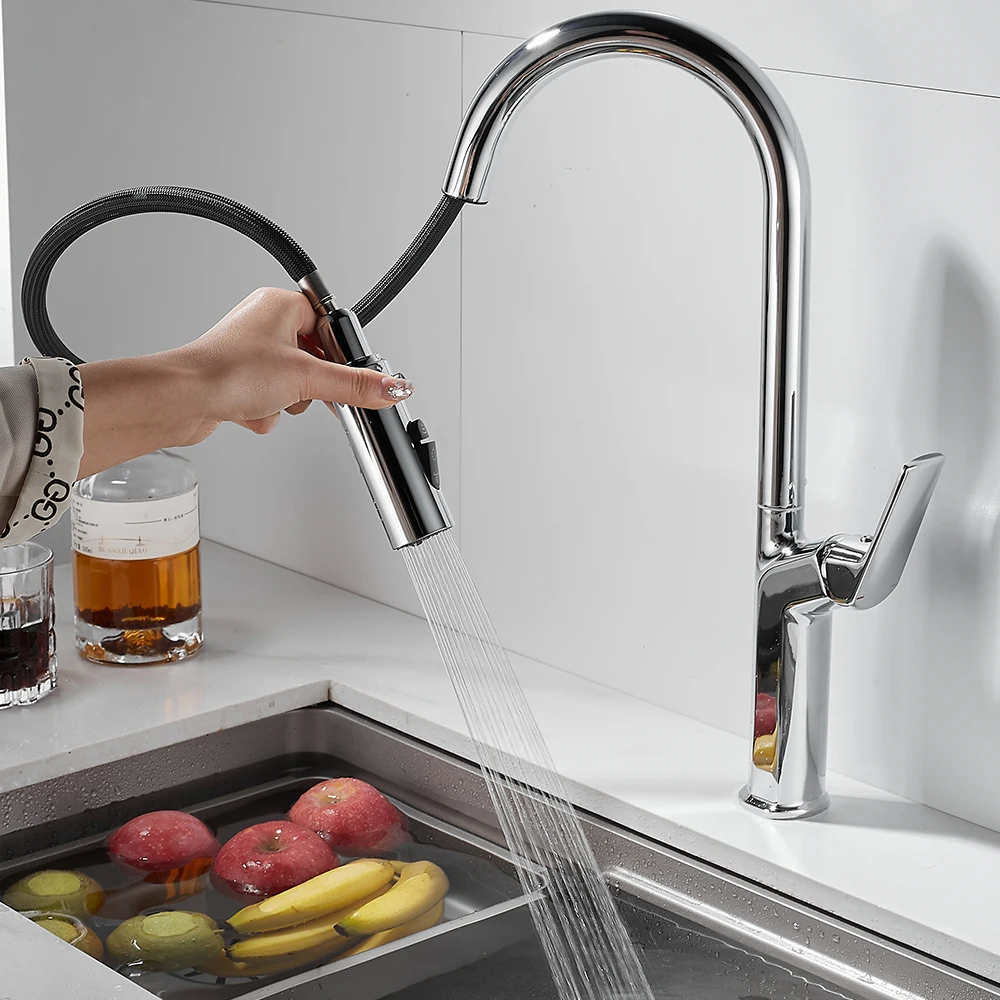 TOLM Gray Kitchen Faucet Pull Out Kitchen Sink Water Tap Single Handle Mixer Tap 360 Rotation chrome Kitchen Shower Faucet