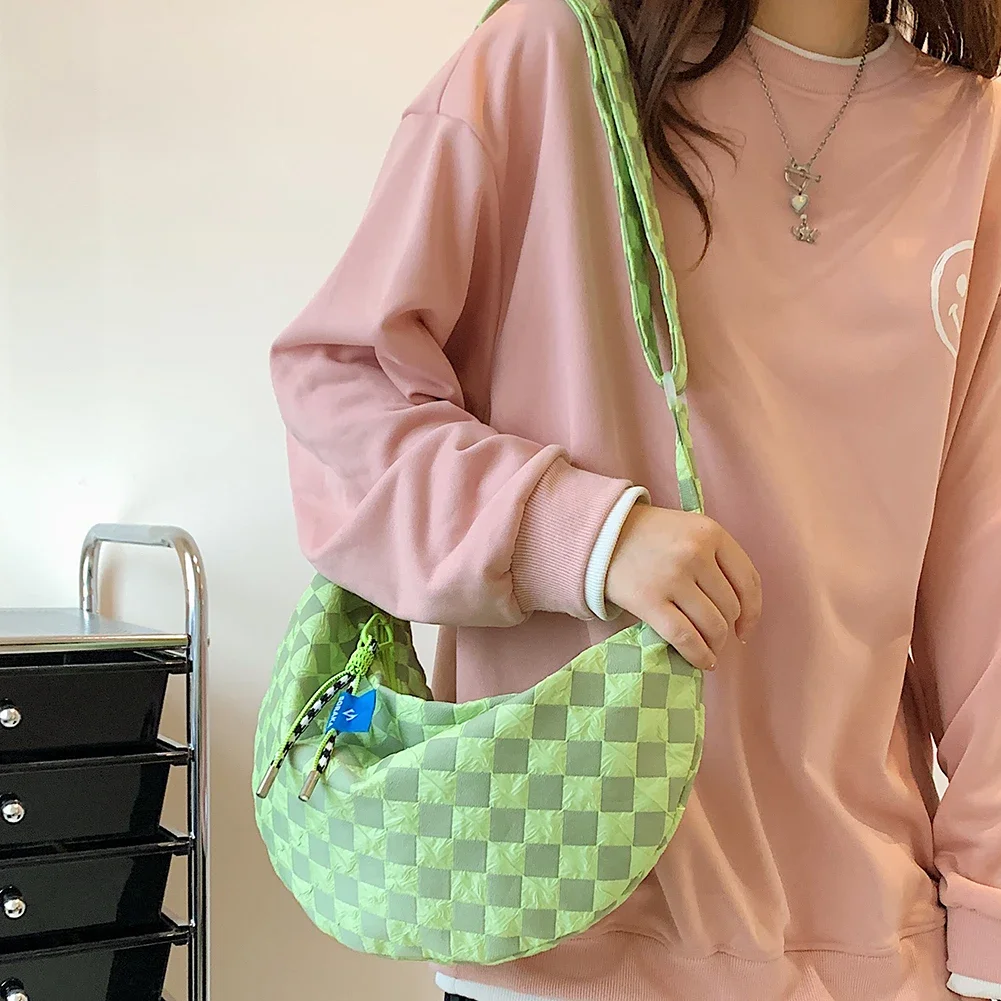 Plaid Women Messenger Bag Fashion Half Moon Crescent Bag Casual Portable Simple Lightweight Large Capacity for Weekend Vacation