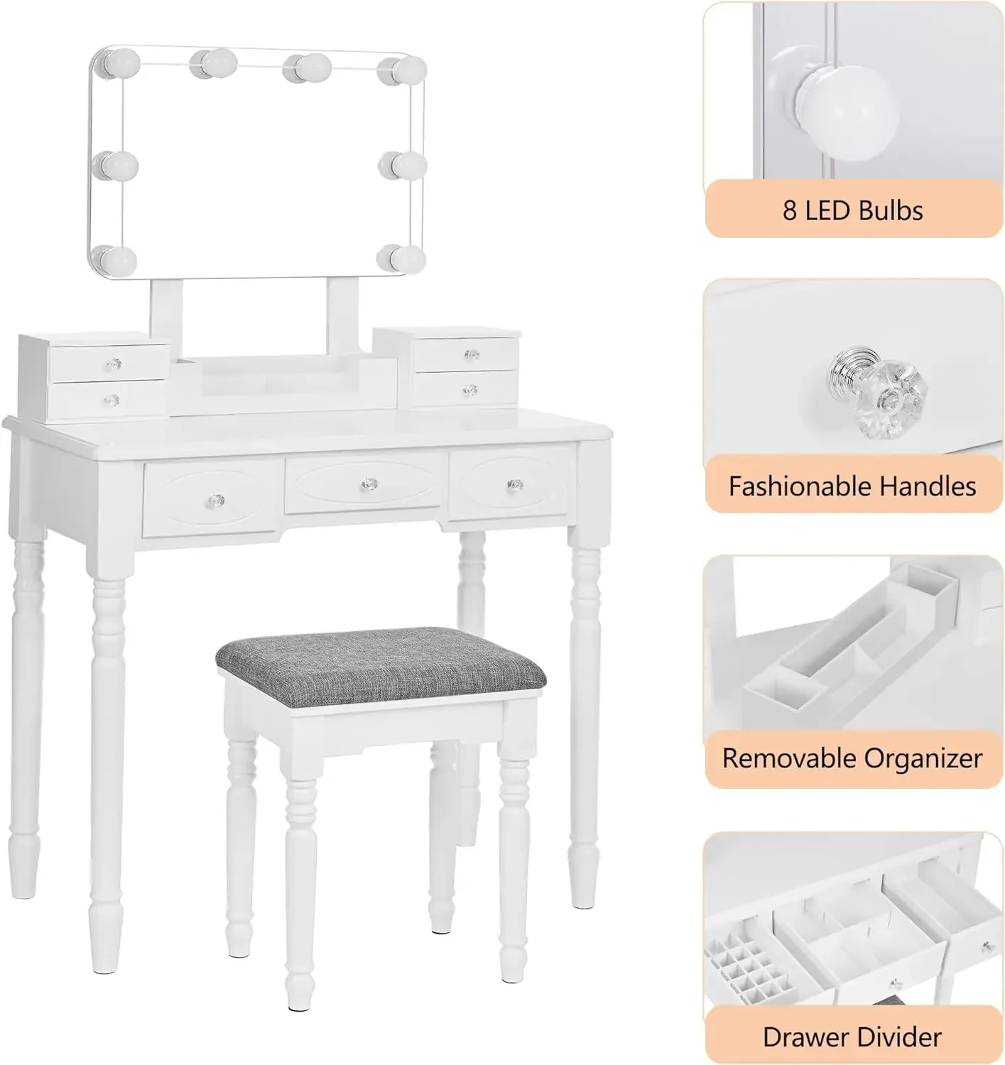 Makeup Vanity Desk Vanity Set with Lighted Mirror Makeup Vanity Desk Table Set Large 8 LED Bulbs and 3 Colors Lighting