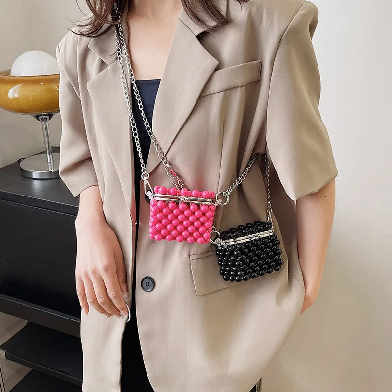 Elegant Clip Bag Women Handmade Pearl Beads Handbag Lady Fashion Summer Beach Vacation Square Mini Shoulder Crossbody Bags