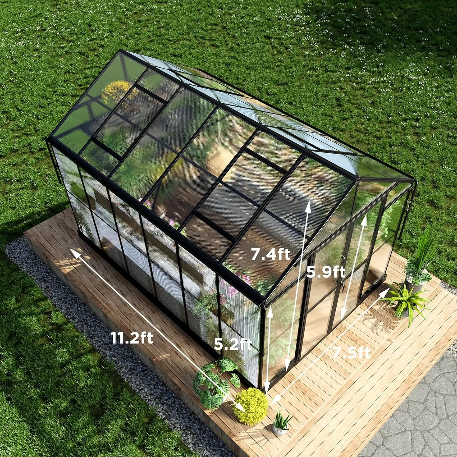 8x12x7.5 FT Polycarbonate Greenhouse Double Swing Doors 4 Vents 5.2FT Added Wall Height, Walk-in Large Aluminum Greenhouse