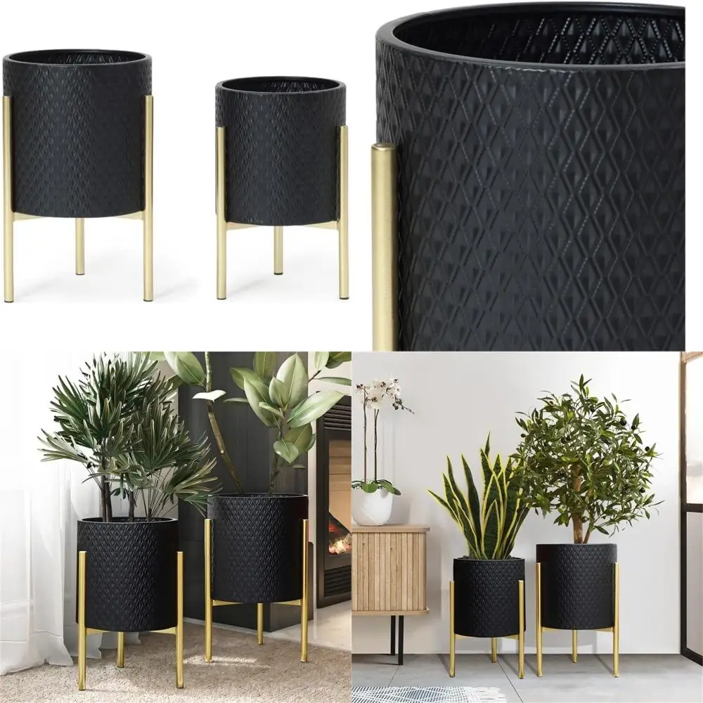 

2-Piece Round Metal Diamond Pattern Cachepot Planter Set, Black Indoor Pots with Gold Stands, Luxury Home Decor