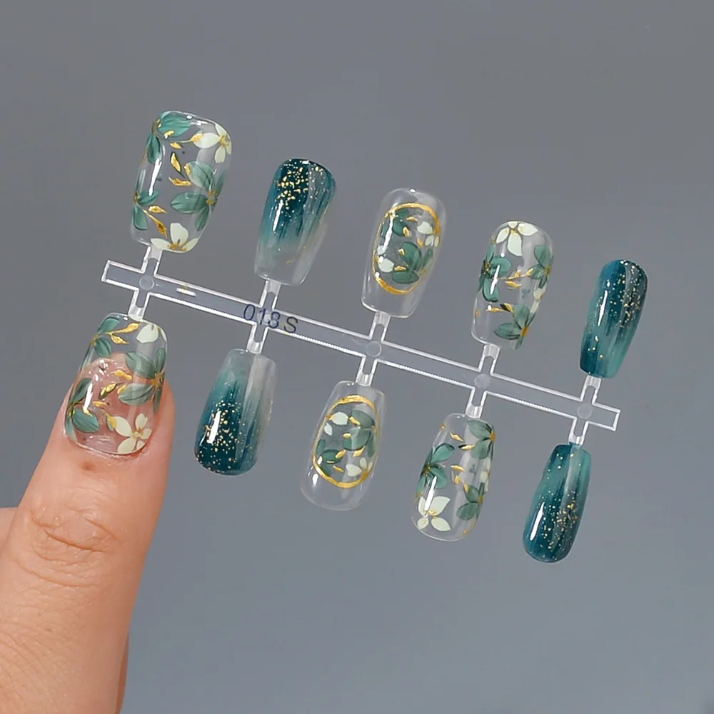 10 pçs primavera verão novas flores bronzeadoras verdes unhas falsas artesanais unhas curtas imprensa em unhas falsas dicas para menina mulher