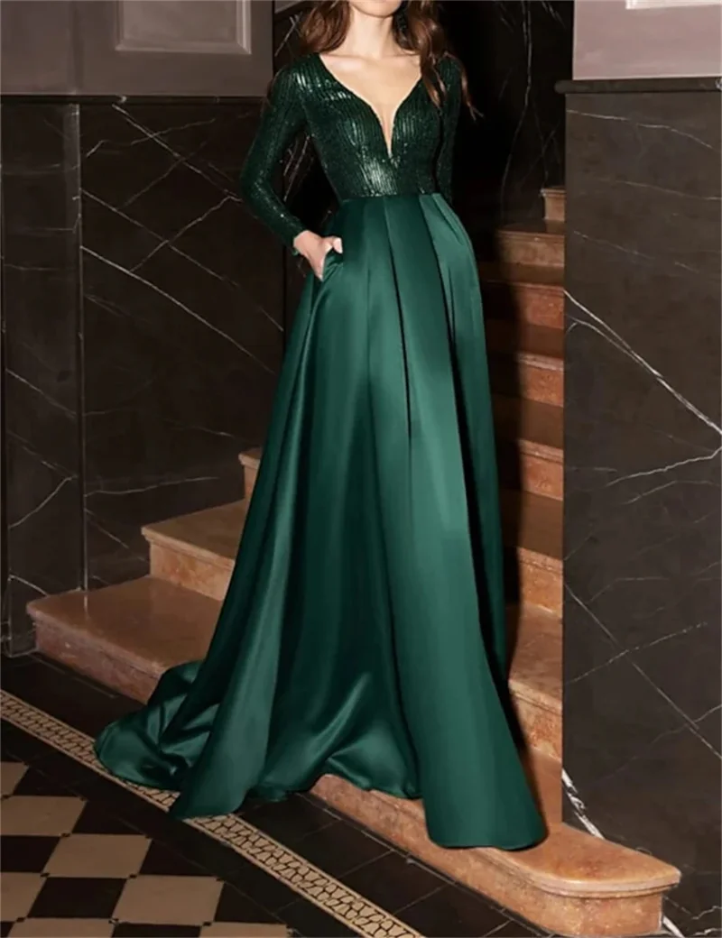 

Green A-Line Evening Dresses Formal Glittering Wedding Gown Guest Court Train Long Sleeve V Neck Satin with Pleat Sequin