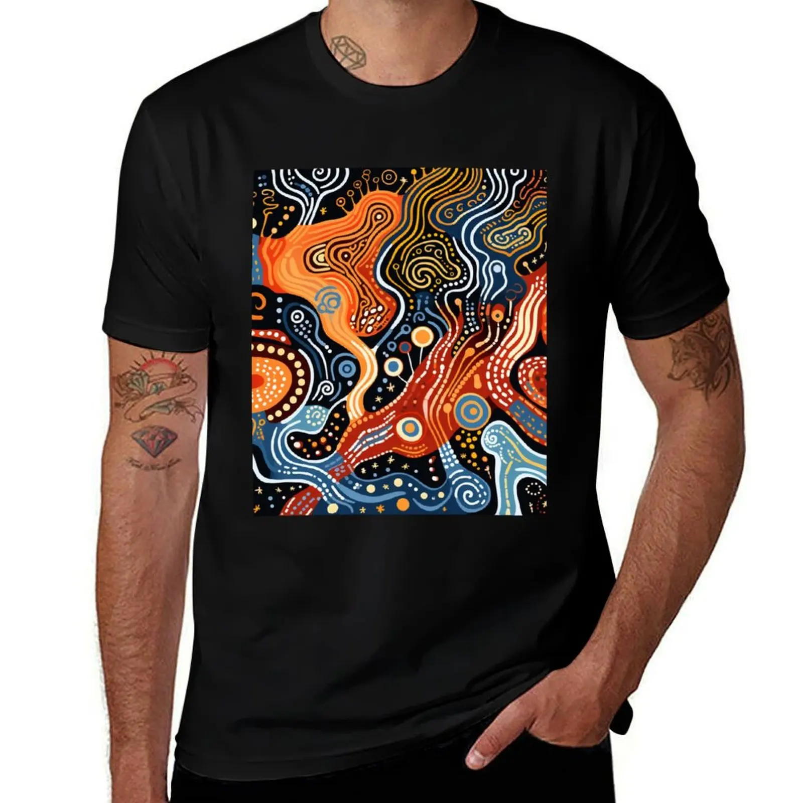 Aboriginal Authentic Art - Water Pathways T-Shirt All Match Basic Short Sleeve Top T-Shirt